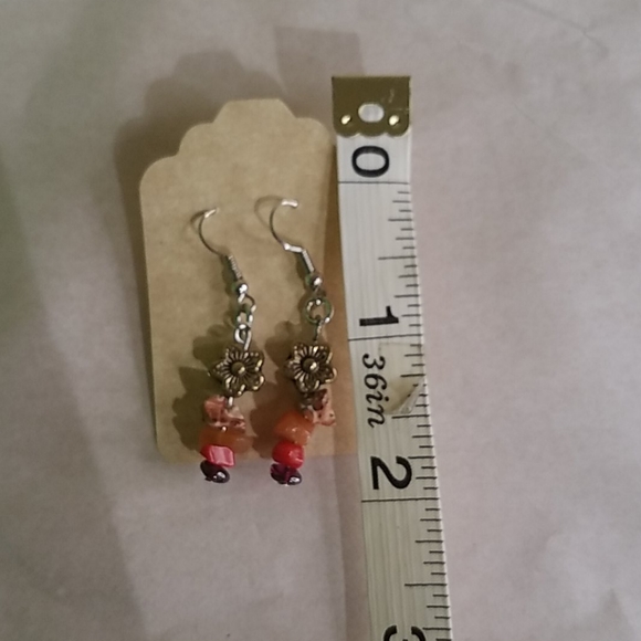 Handmade earrings w flower bead , gem chips J9 - Picture 2 of 2